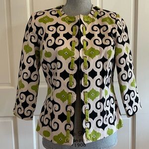 Susan Bristol Green, Black & Cream Patterned Loop-Front Jacket